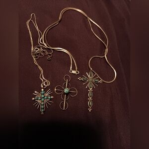 3 sterling silver turquoise crosses and 2 sterling silver chains necklaces